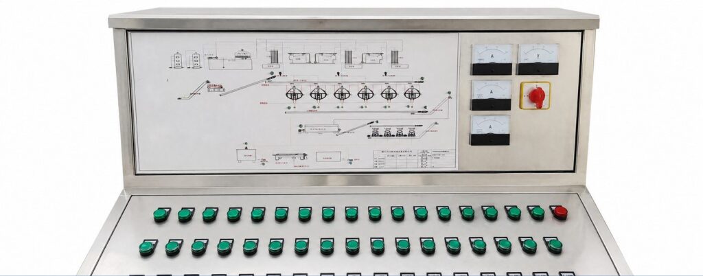 Electrical control cabinet with PLC control for automatic line operation.
