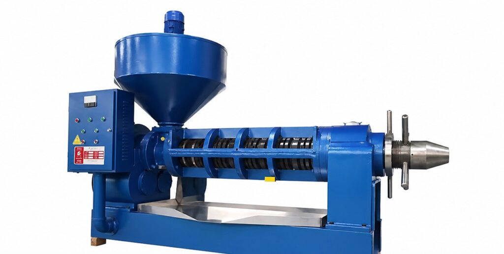Screw oil press for continuous pressing of oilseeds and oil-bearing materials.