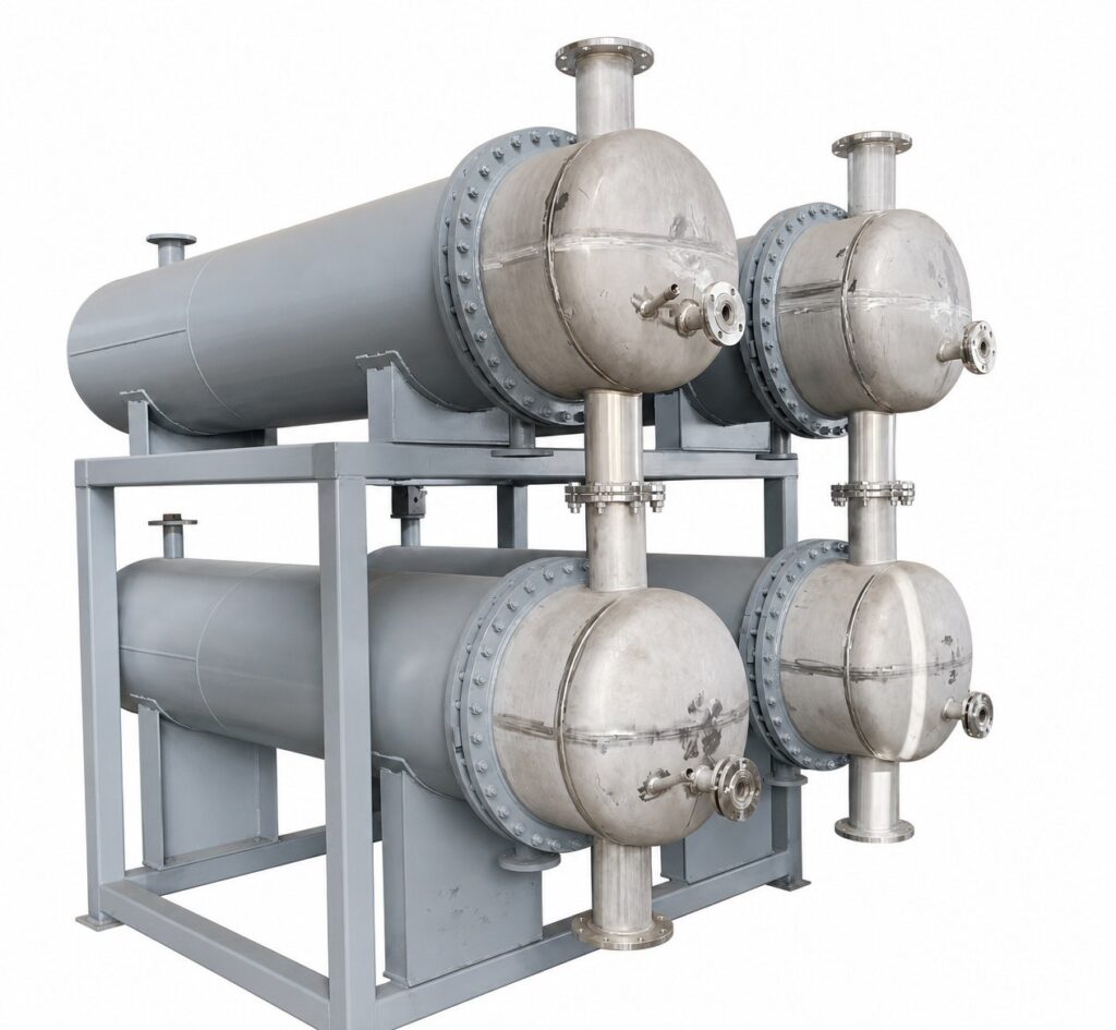 Shell and tube heat exchanger for heating and cooling in oil processing lines.
