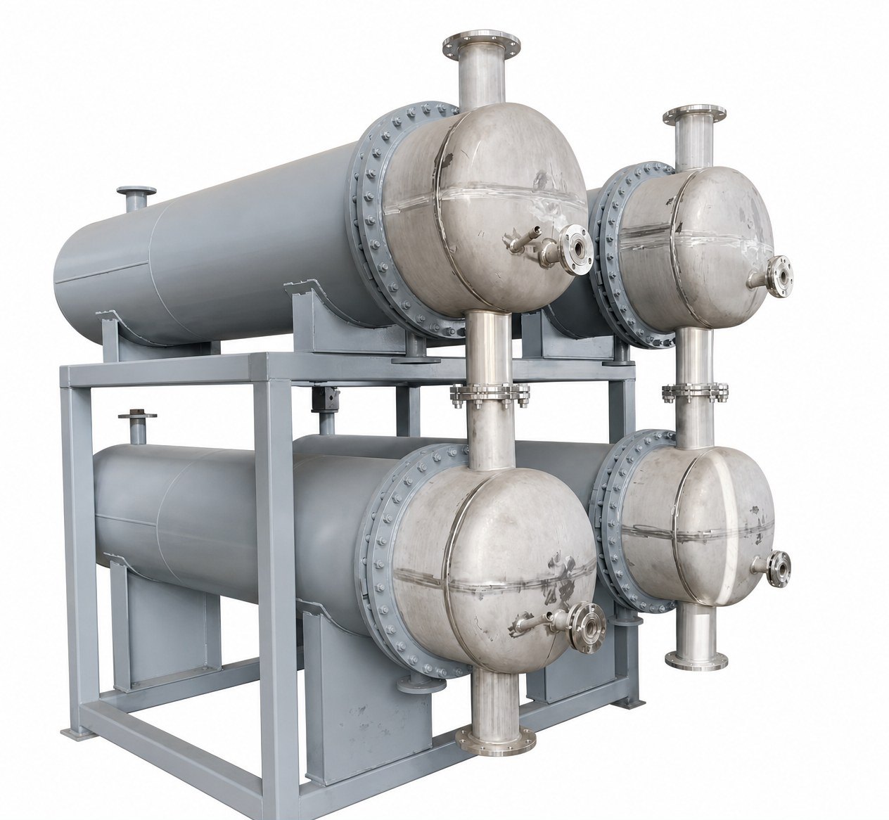 Shell and tube heat exchanger for heating and cooling in oil processing lines.