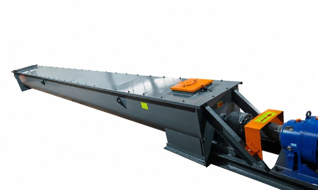 Open U-trough screw conveyor for conveying raw materials and residues.